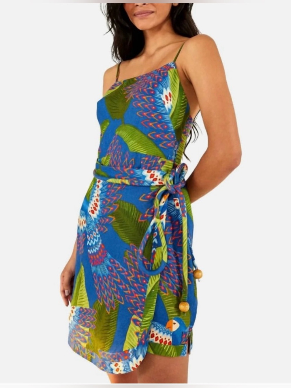 Farm Rio Blue & Green Macaw Bird Linen Front Wrap Dress Sz Medium